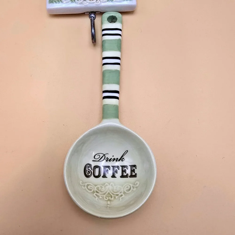 Ceramic Coffee Scoop and Wall‎ Hook Set Grab Life By The Bean Sage Green Cream